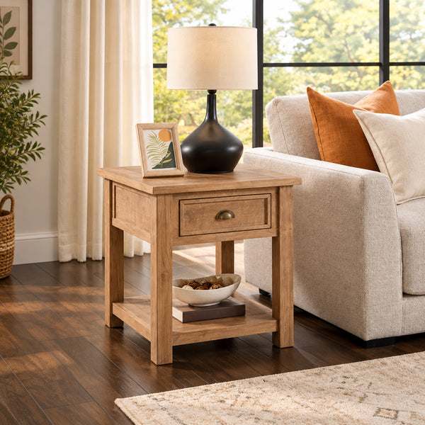 Solid Wood End Table with Drawer and Shelf