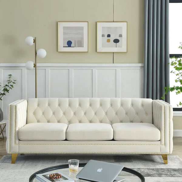 Tufted 3-Seat Velvet Sofa with Nailhead Trim, Solid Wood Frame Upholstered Couch for Living Room
