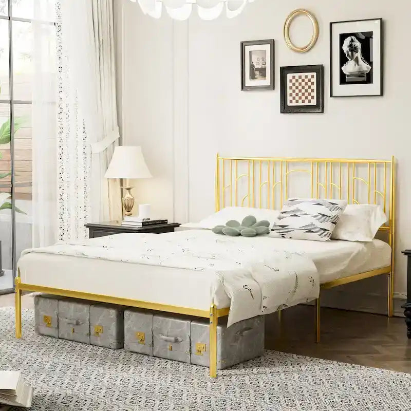 Queen Platform Bed with Decorative Finial Posts & Underbed Storage, No Box Spring Needed