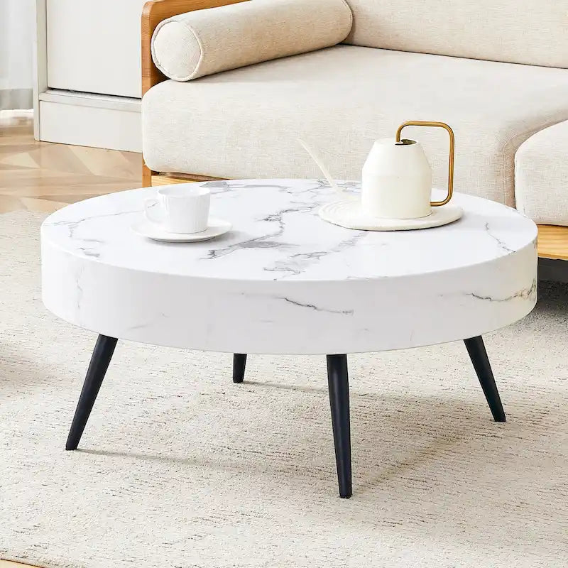 Modern Marble Pattern Round Coffee Table with Black Metal Legs and Adjustable Table Feet, for Living Room
