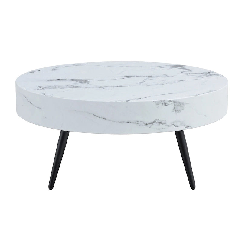 Modern Marble Pattern Round Coffee Table with Black Metal Legs and Adjustable Table Feet, for Living Room