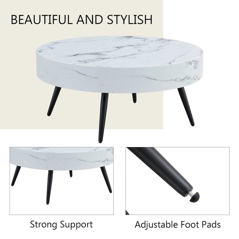 Modern Marble Pattern Round Coffee Table with Black Metal Legs and Adjustable Table Feet, for Living Room