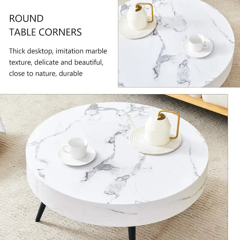 Modern Marble Pattern Round Coffee Table with Black Metal Legs and Adjustable Table Feet, for Living Room