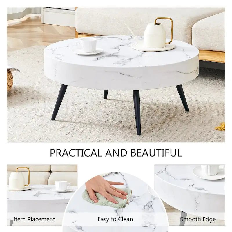 Modern Marble Pattern Round Coffee Table with Black Metal Legs and Adjustable Table Feet, for Living Room