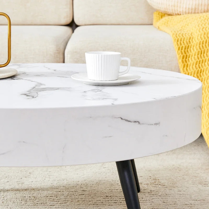 Modern Marble Pattern Round Coffee Table with Black Metal Legs and Adjustable Table Feet, for Living Room