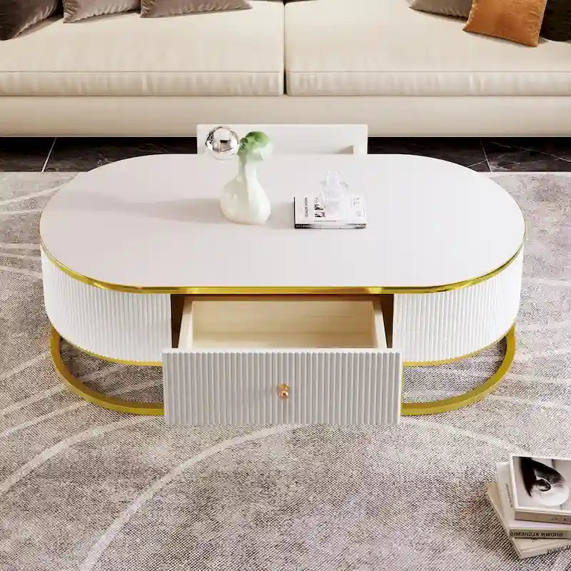 47.2" Modern Coffee Table with Gold Base and Drawers