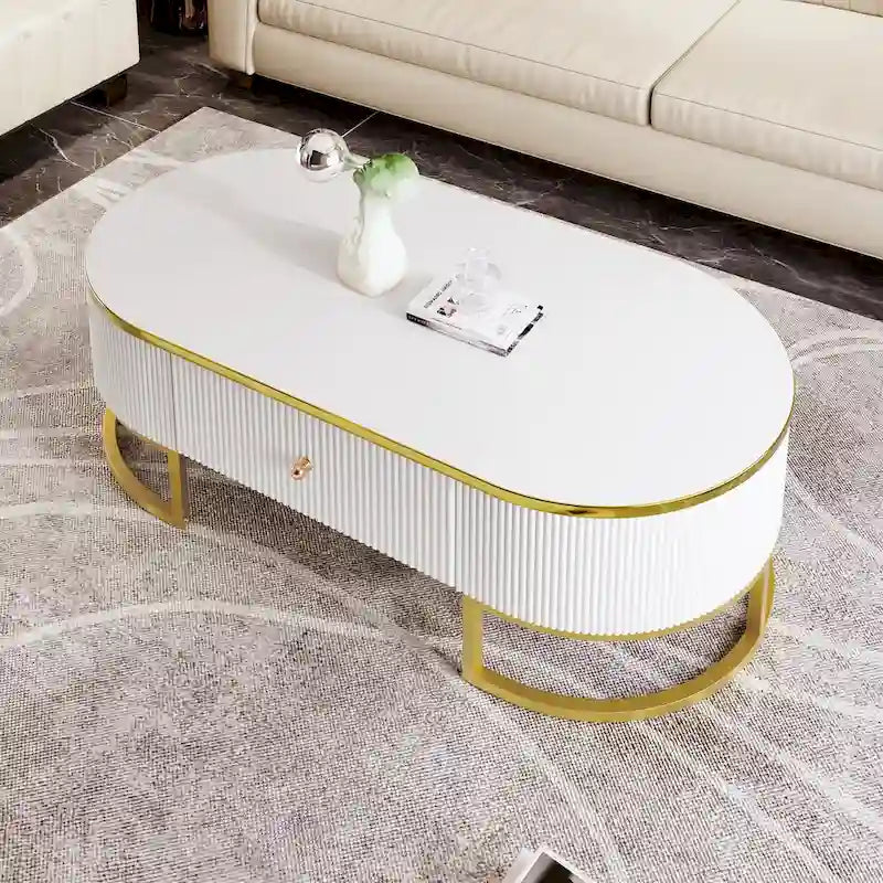 47.2" Modern Coffee Table with Gold Base and Drawers