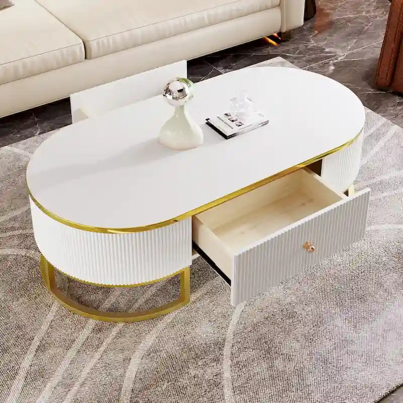 47.2" Modern Coffee Table with Gold Base and Drawers