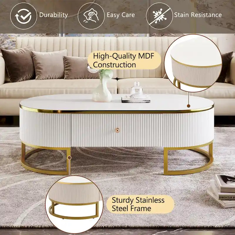 47.2" Modern Coffee Table with Gold Base and Drawers