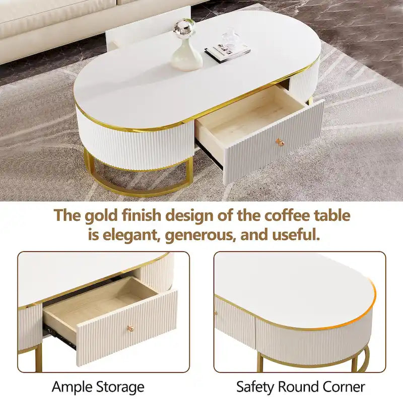 47.2" Modern Coffee Table with Gold Base and Drawers