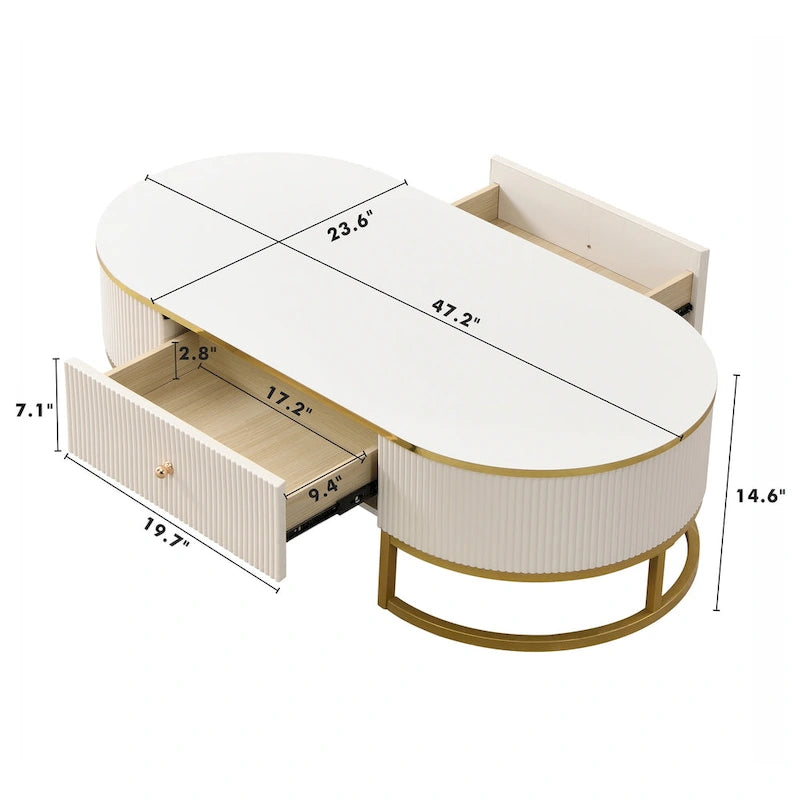 47.2" Modern Coffee Table with Gold Base and Drawers
