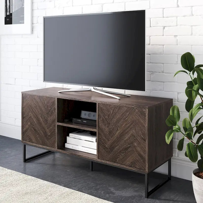 Media Console Cabinet TV Stand with Hidden Storage, Herringbone Pattern Wood and Metal, 47 Inches Wide