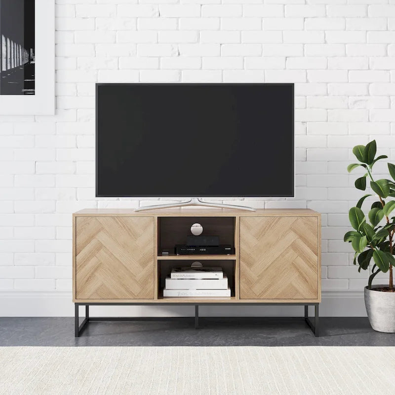 Media Console Cabinet TV Stand with Hidden Storage, Herringbone Pattern Wood and Metal, 47 Inches Wide
