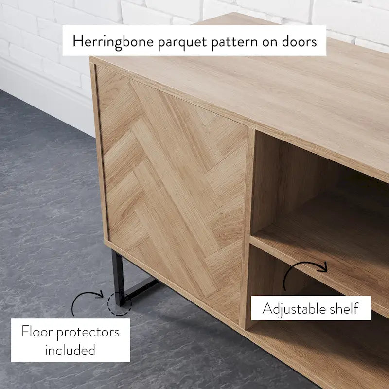 Media Console Cabinet TV Stand with Hidden Storage, Herringbone Pattern Wood and Metal, 47 Inches Wide