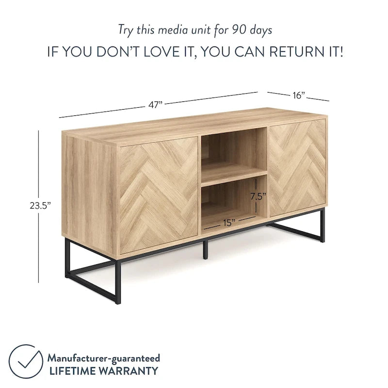Media Console Cabinet TV Stand with Hidden Storage, Herringbone Pattern Wood and Metal, 47 Inches Wide
