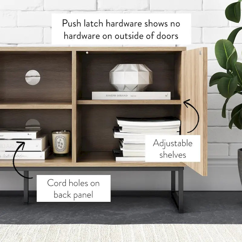 Media Console Cabinet TV Stand with Hidden Storage, Herringbone Pattern Wood and Metal, 47 Inches Wide