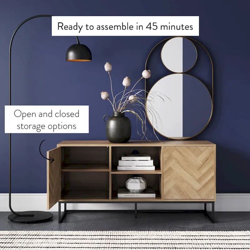 Media Console Cabinet TV Stand with Hidden Storage, Herringbone Pattern Wood and Metal, 47 Inches Wide