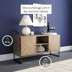 Media Console Cabinet TV Stand with Hidden Storage, Herringbone Pattern Wood and Metal, 47 Inches Wide