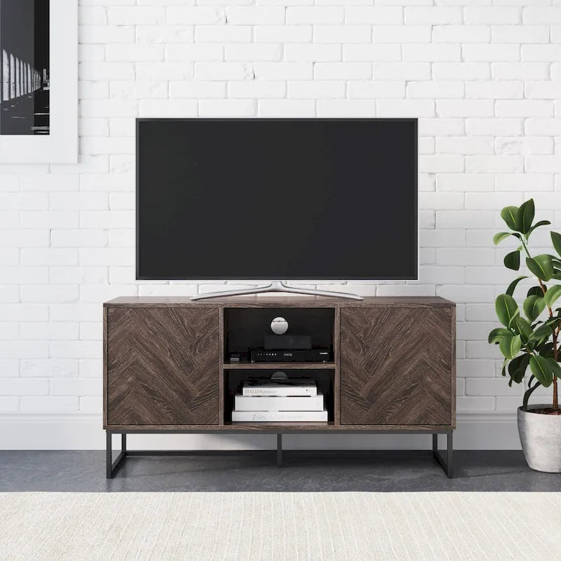 Media Console Cabinet TV Stand with Hidden Storage, Herringbone Pattern Wood and Metal, 47 Inches Wide