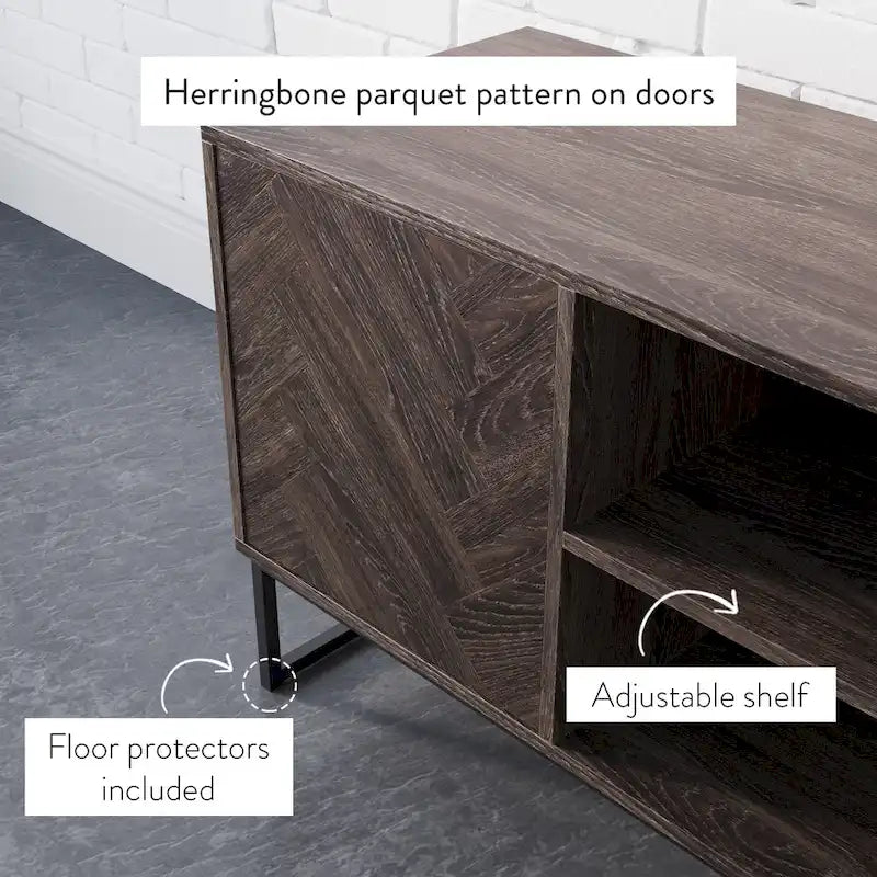 Media Console Cabinet TV Stand with Hidden Storage, Herringbone Pattern Wood and Metal, 47 Inches Wide