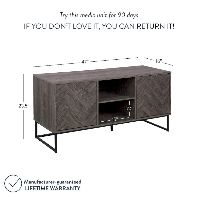 Media Console Cabinet TV Stand with Hidden Storage, Herringbone Pattern Wood and Metal, 47 Inches Wide