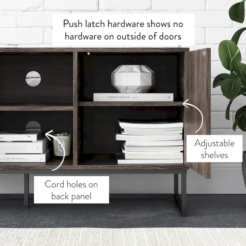 Media Console Cabinet TV Stand with Hidden Storage, Herringbone Pattern Wood and Metal, 47 Inches Wide