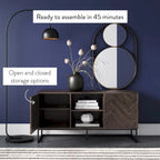 Media Console Cabinet TV Stand with Hidden Storage, Herringbone Pattern Wood and Metal, 47 Inches Wide