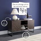 Media Console Cabinet TV Stand with Hidden Storage, Herringbone Pattern Wood and Metal, 47 Inches Wide