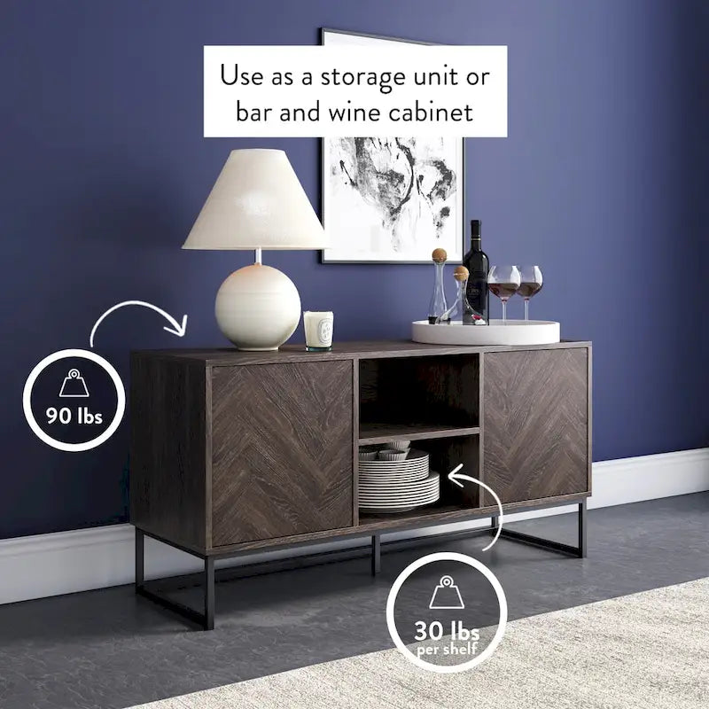 Media Console Cabinet TV Stand with Hidden Storage, Herringbone Pattern Wood and Metal, 47 Inches Wide