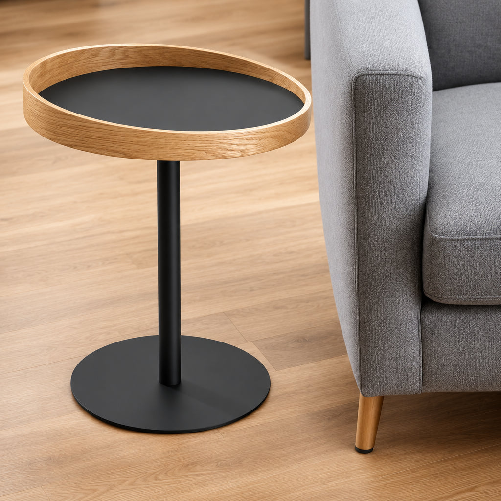 22" Black and Natural Wood and Metal Round Pedestal End Table - 18