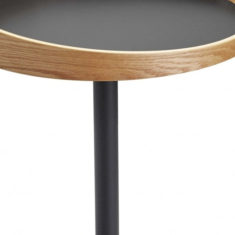 22" Black and Natural Wood and Metal Round Pedestal End Table - 18