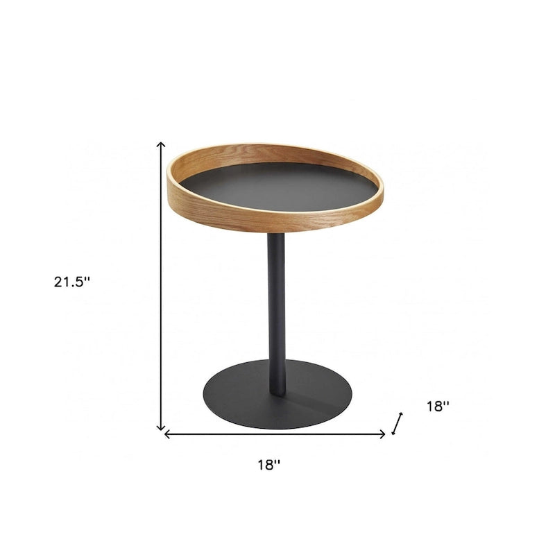 22" Black and Natural Wood and Metal Round Pedestal End Table - 18