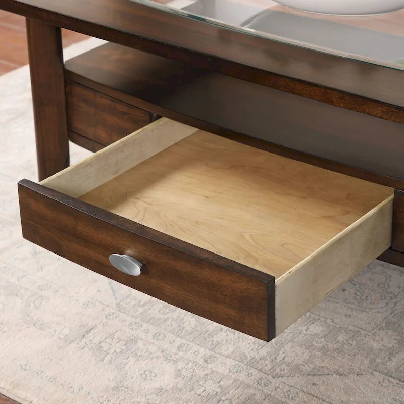 Traditional Walnut 44-inch 1-Drawer Glass Coffee Table