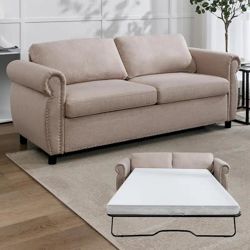 Pull Out 2 in 1 Sleeper Sofa Bed with Mattress, Convertible Upholstered Loveseat with Nailhead