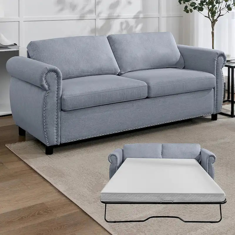 Pull Out 2 in 1 Sleeper Sofa Bed with Mattress, Convertible Upholstered Loveseat with Nailhead