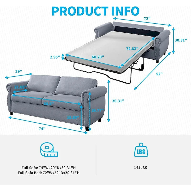 Pull Out 2 in 1 Sleeper Sofa Bed with Mattress, Convertible Upholstered Loveseat with Nailhead