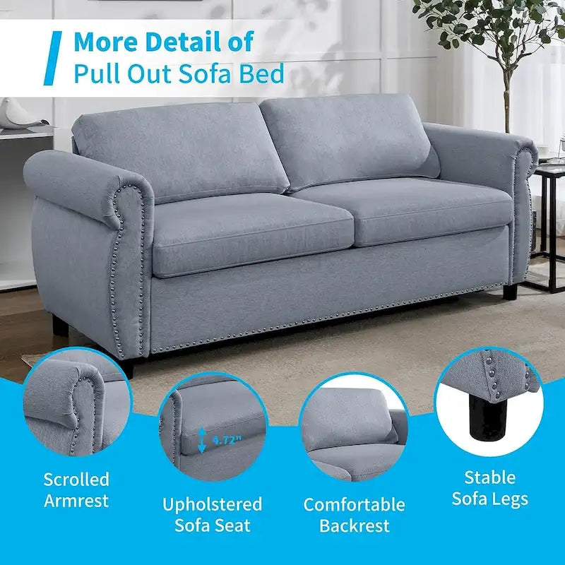 Pull Out 2 in 1 Sleeper Sofa Bed with Mattress, Convertible Upholstered Loveseat with Nailhead
