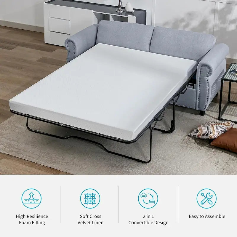 Pull Out 2 in 1 Sleeper Sofa Bed with Mattress, Convertible Upholstered Loveseat with Nailhead