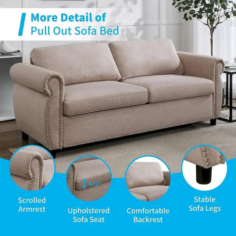 Pull Out 2 in 1 Sleeper Sofa Bed with Mattress, Convertible Upholstered Loveseat with Nailhead