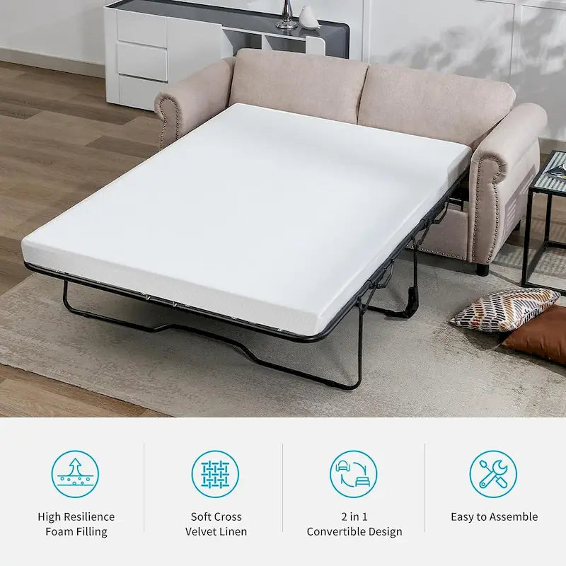 Pull Out 2 in 1 Sleeper Sofa Bed with Mattress, Convertible Upholstered Loveseat with Nailhead