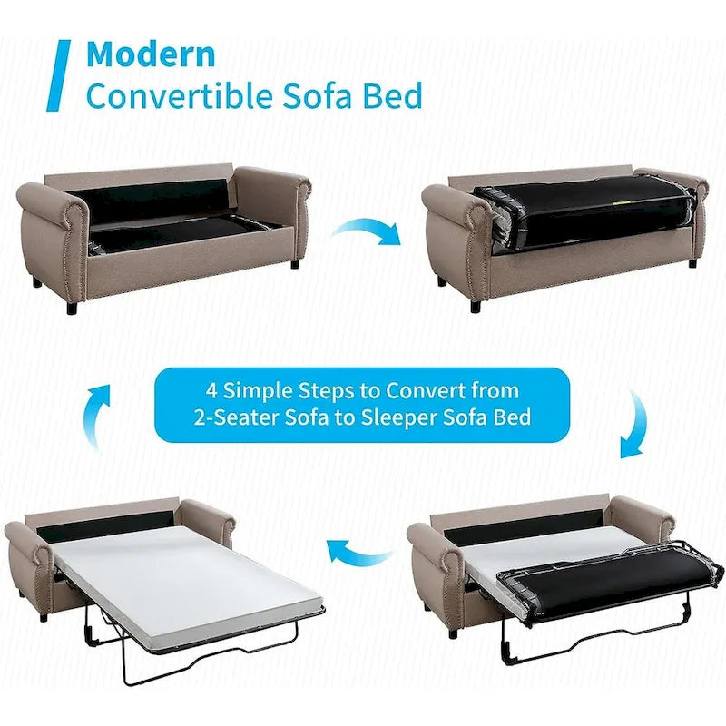Pull Out 2 in 1 Sleeper Sofa Bed with Mattress, Convertible Upholstered Loveseat with Nailhead