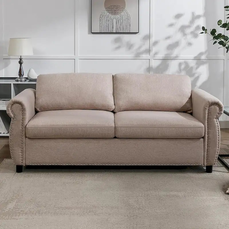 Pull Out 2 in 1 Sleeper Sofa Bed with Mattress, Convertible Upholstered Loveseat with Nailhead