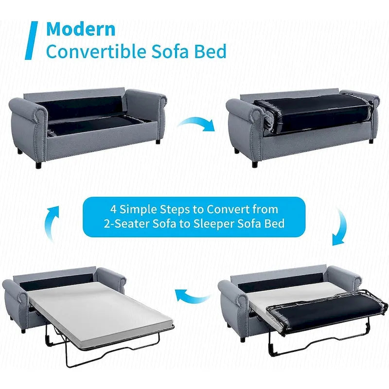 Pull Out 2 in 1 Sleeper Sofa Bed with Mattress, Convertible Upholstered Loveseat with Nailhead