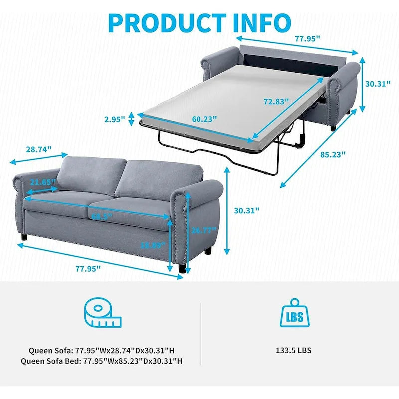 Pull Out 2 in 1 Sleeper Sofa Bed with Mattress, Convertible Upholstered Loveseat with Nailhead