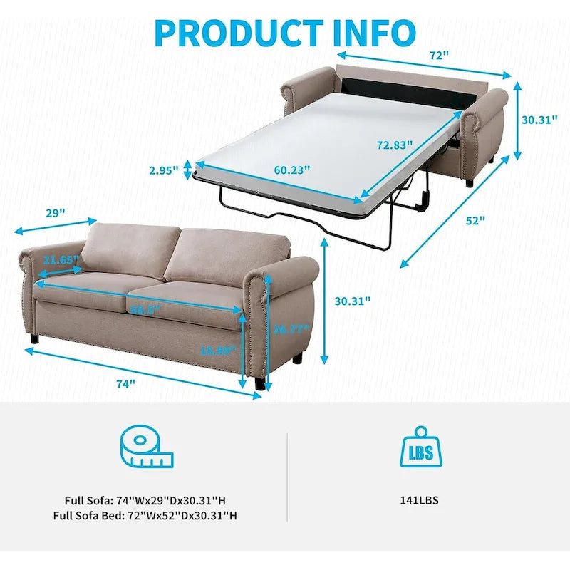 Pull Out 2 in 1 Sleeper Sofa Bed with Mattress, Convertible Upholstered Loveseat with Nailhead