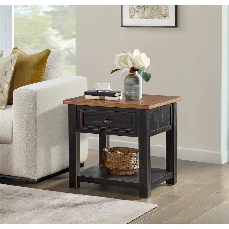 Solid Wood End Table with Drawer and Shelf