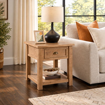 Solid Wood End Table with Drawer and Shelf