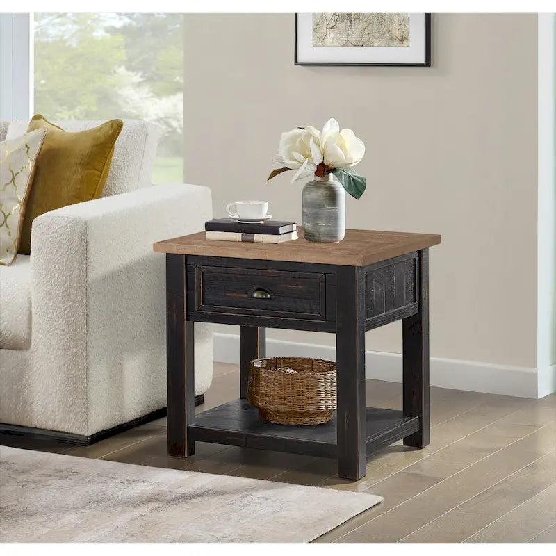 Solid Wood End Table with Drawer and Shelf
