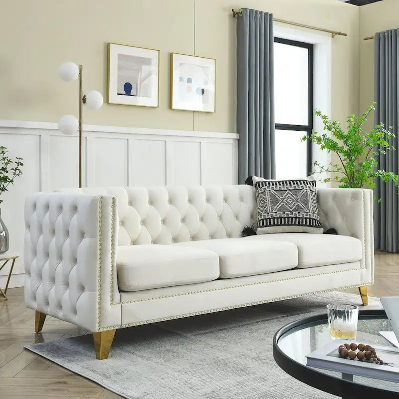 Tufted 3-Seat Velvet Sofa with Nailhead Trim, Solid Wood Frame Upholstered Couch for Living Room