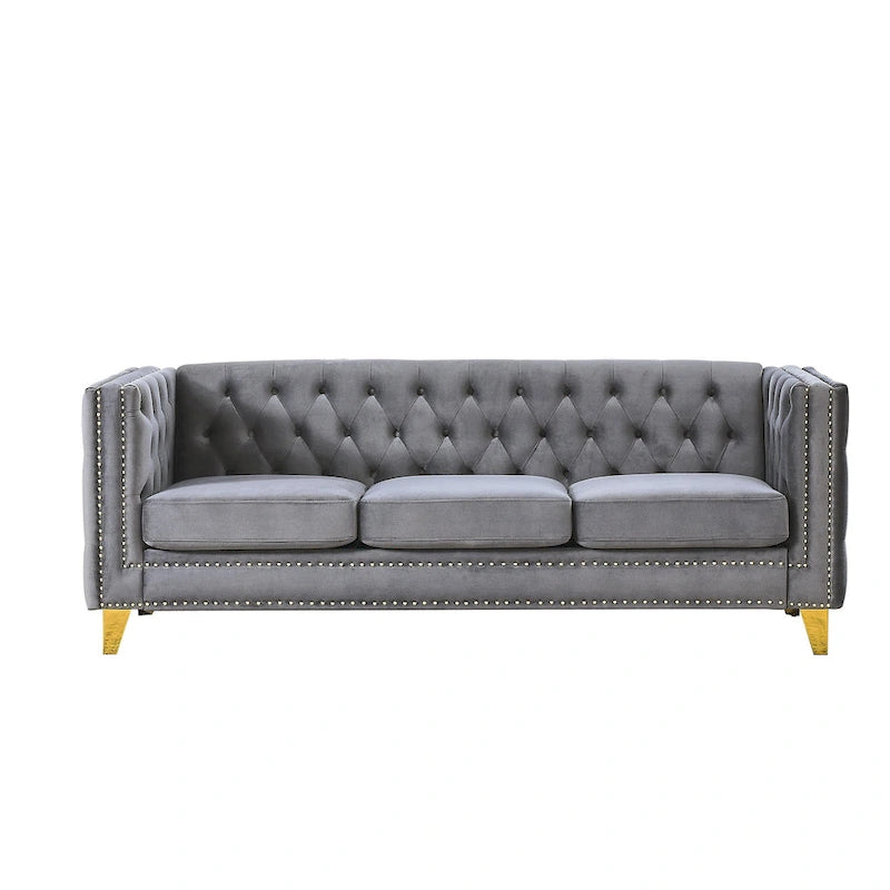 Tufted 3-Seat Velvet Sofa with Nailhead Trim, Solid Wood Frame Upholstered Couch for Living Room